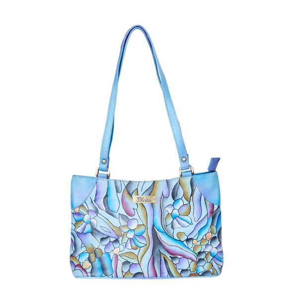 Hand-Painted Blue Abstract Artwork Ladies Leather Shoulder Tote Bag - Picture 1 of 7